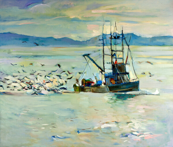 美丽海岸渔船风景油画