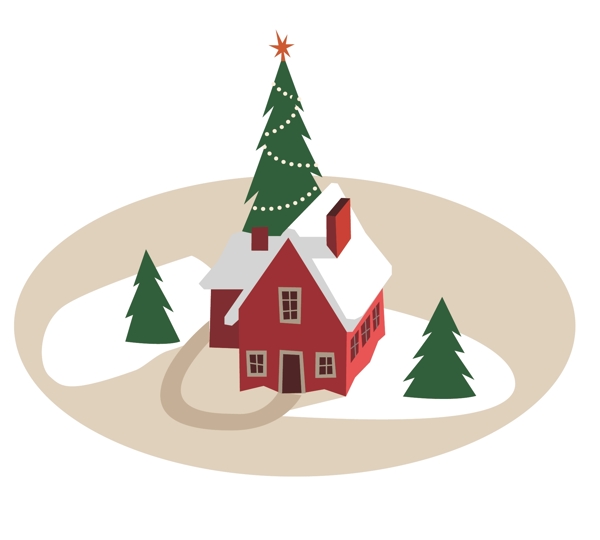圣诞元素圣诞树与雪房子矢量素材