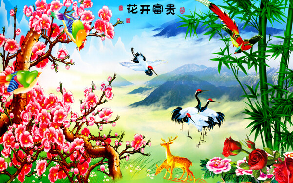 白鹤花卉装饰背景墙