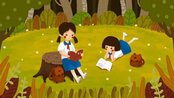 9月开学季森林小学生女孩读书原创插画