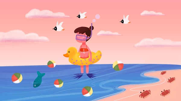 夏天海边浮潜小黄鸭救生圈可爱女孩原创插画