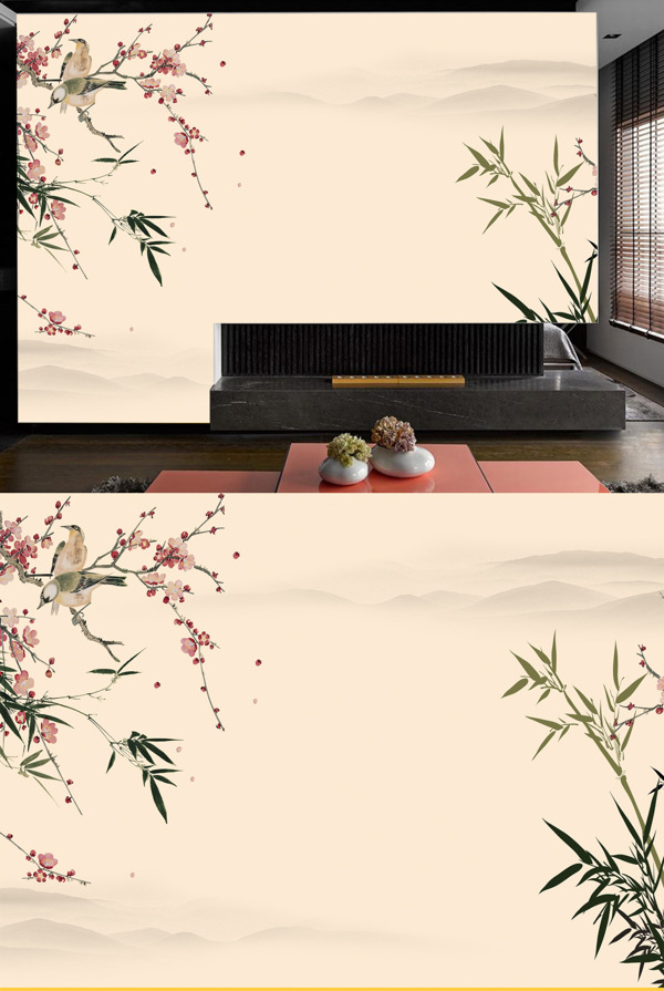 中国传统大气桃花和翠竹客厅背景墙