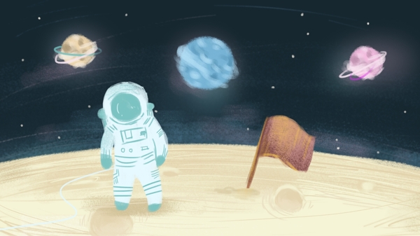人类月球日太空宇航员手绘插画海报背景壁纸