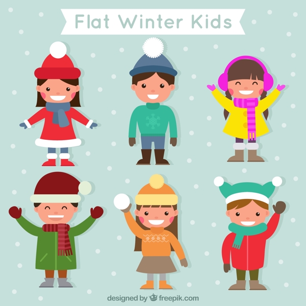 漂亮的儿童穿着冬季服装平面设计