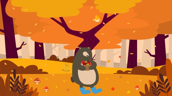 秋分抱着果实在树林里睡着的大黑熊矢量插画
