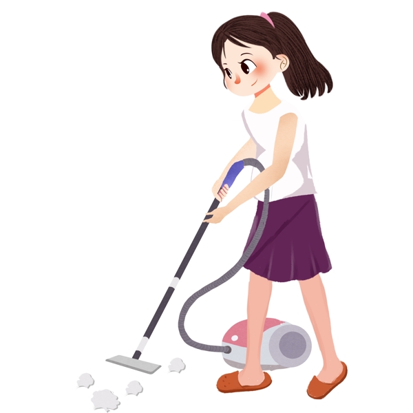 劳动节用吸尘器打扫的女孩