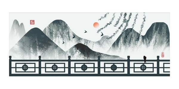 中国风极简山水栅栏客厅酒店横式装饰画