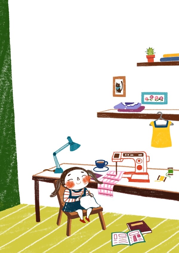 学缝纫的小女孩插画素材