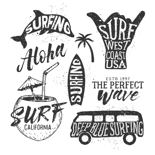 手绘夏季冲浪徽章标题