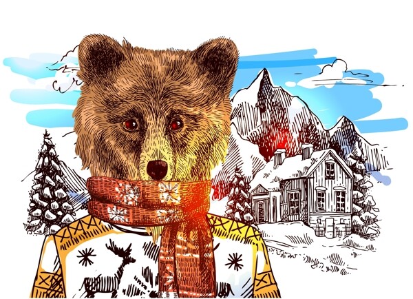 可爱手绘的大棕熊插画
