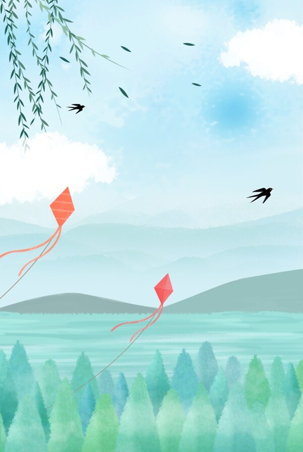 二十四节气春分简约手绘小清新风筝海报