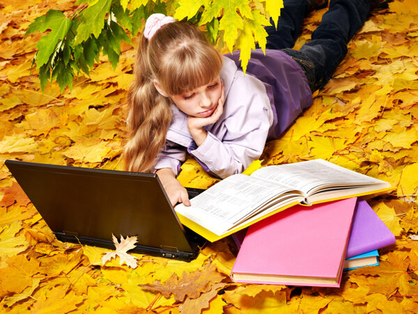 趴在枫叶上看书的女孩图片