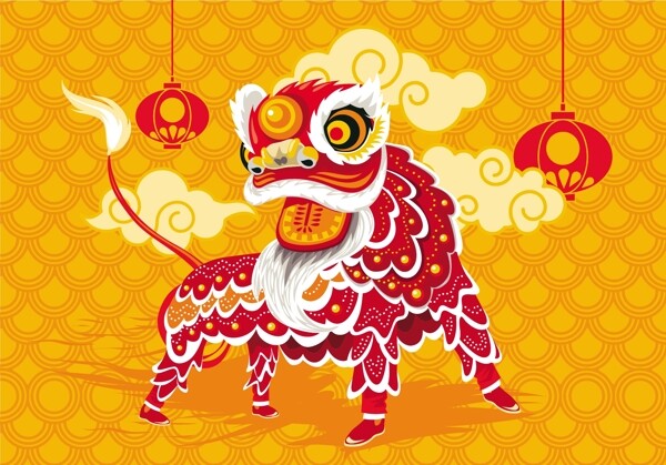 矢量插画中国传统舞狮节背景