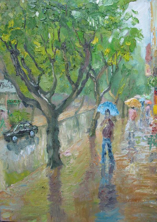雨中行人油画图片