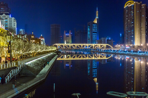 天津海河夜景桥倒影图片