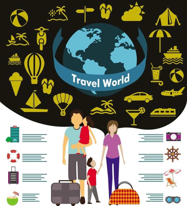 世界旅行的设计元素和符号的家庭游客免费矢量
