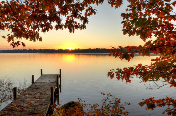 河流码头秋季日出和日落枝