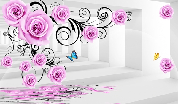 紫色玫瑰花立体空间电视背景墙