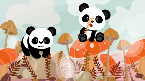 立冬手绘两只熊猫