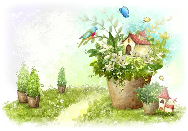手绘水彩盆栽房屋插画图片