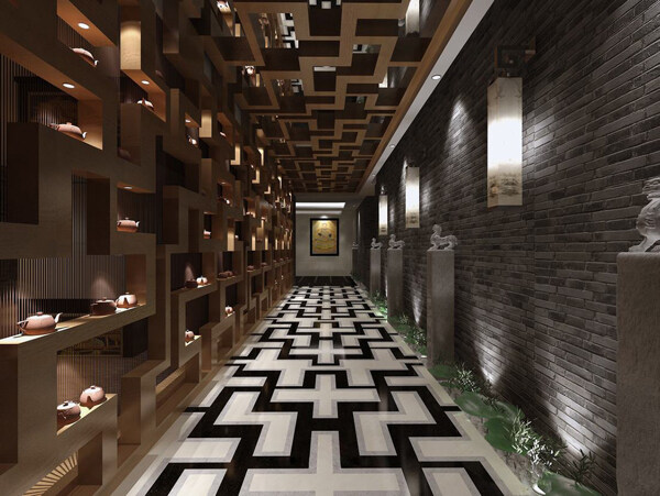 新中式风格商业空间走廊效果图设计