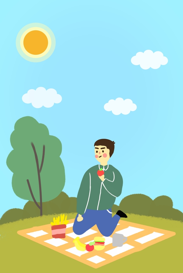 卡通简约春天游玩野餐的男孩海报背景
