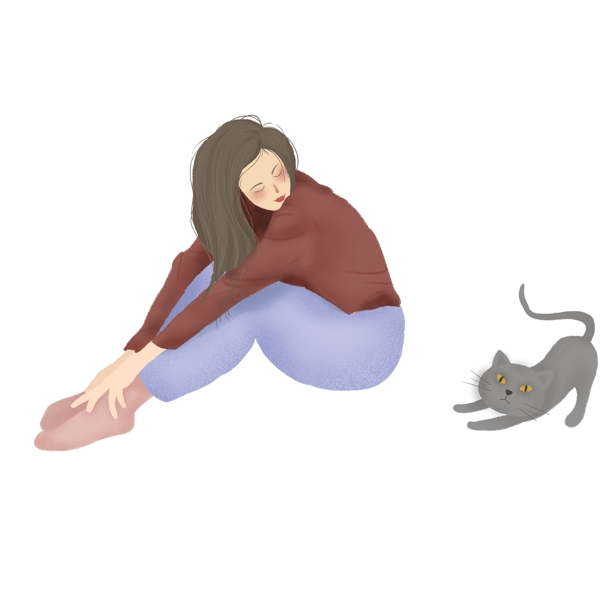 手绘少女和猫咪设计