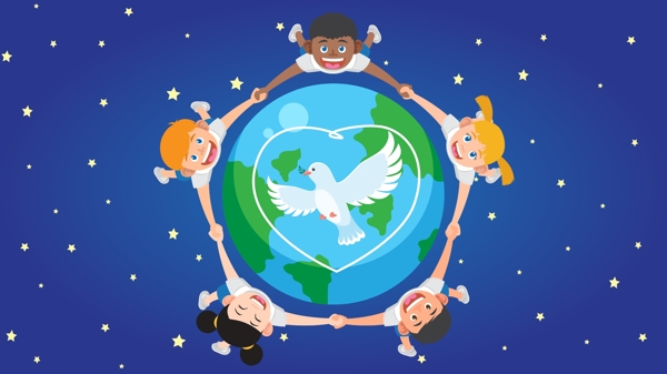 世界和平日各国小朋友手拉手环绕地球