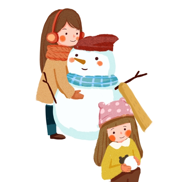 手绘对雪人捏雪球的女孩