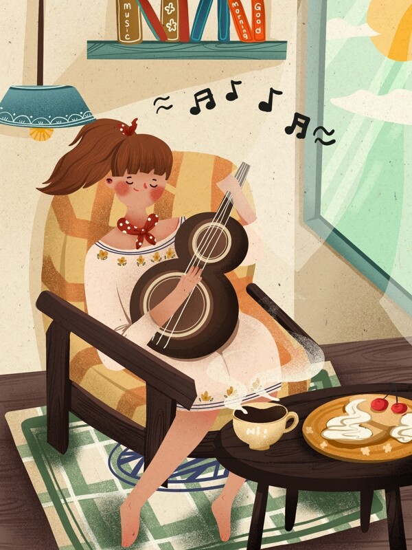 早安你好女孩在阳台弹吉他温馨可爱插画