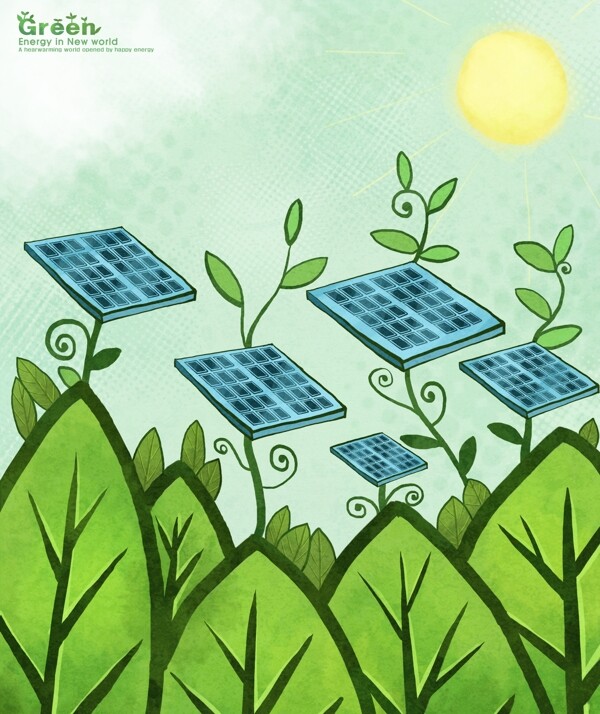 树林上的太阳能电池板插画