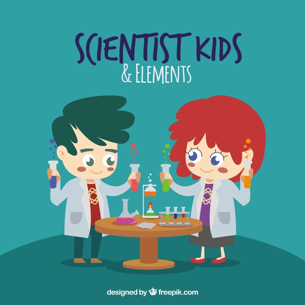 卡通科学家儿童与元素