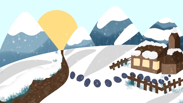 手绘冬日雪景石阶路背景素材