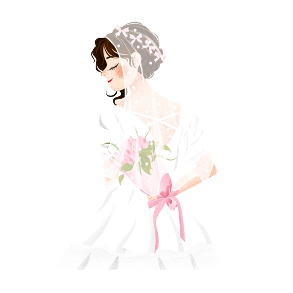 穿白色婚纱手拿玫瑰花的漂亮女子卡通元素