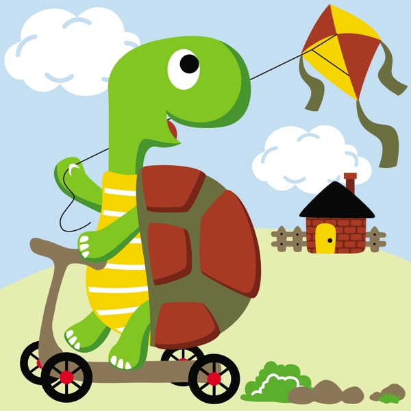 可爱小乌龟骑车放风筝可爱卡通图片