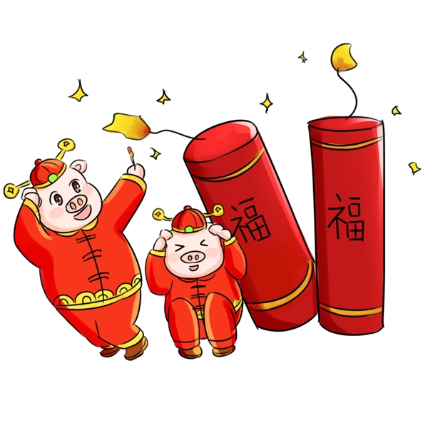 2019猪年新年祝福系列卡通手绘Q版放鞭炮