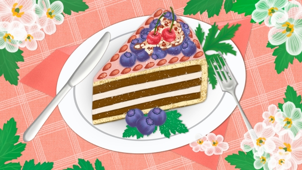 原创美食下午茶甜品蓝莓蛋糕插画