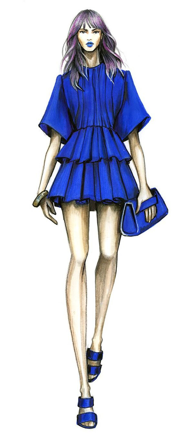 时尚潮流宝蓝色荷叶裙女装效果图
