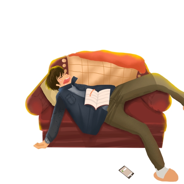 复古肌理手绘躺着沙发上睡觉的男人