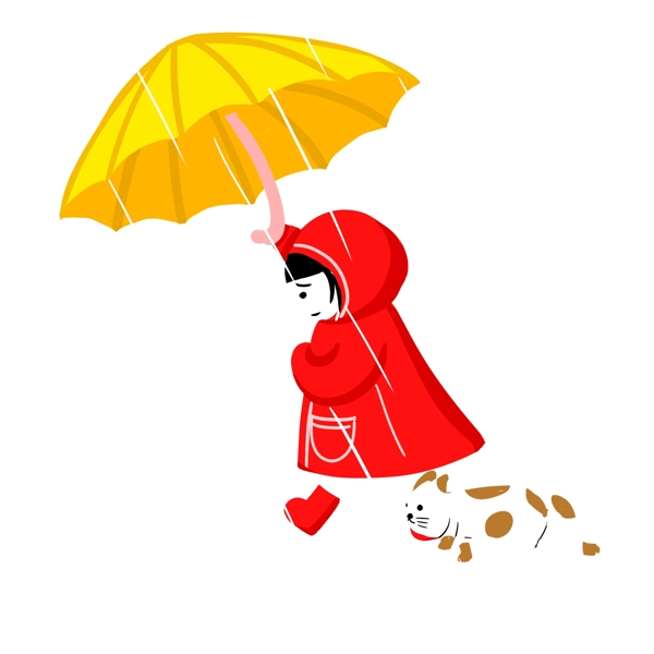 下雨天撑着伞的小女孩和猫咪插画设计