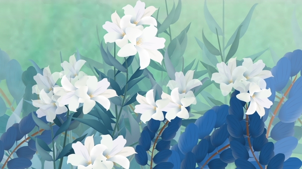 淡雅水彩白色花朵蓝色叶子卡通背景
