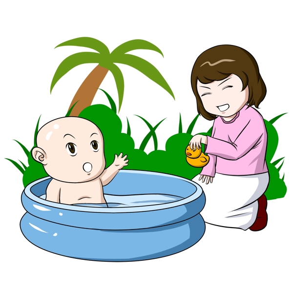 手绘给婴儿洗澡的母亲人物插画