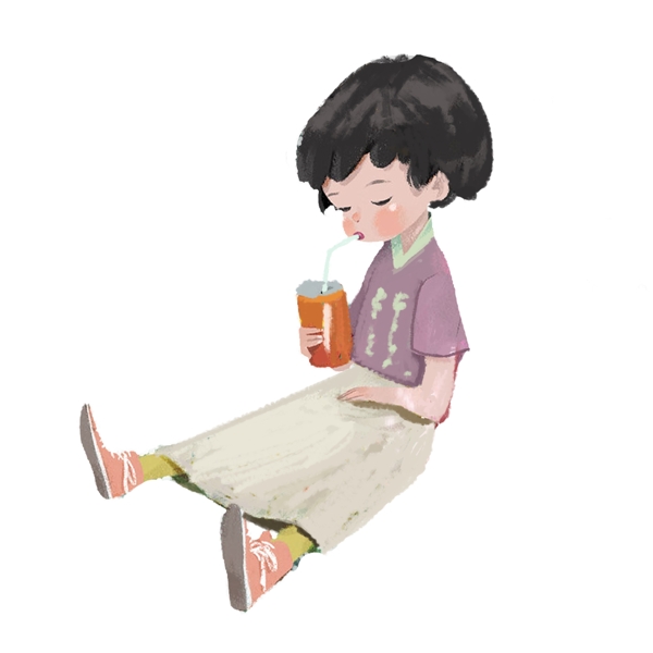 躺坐着喝汽水的小女孩插画PNG免抠