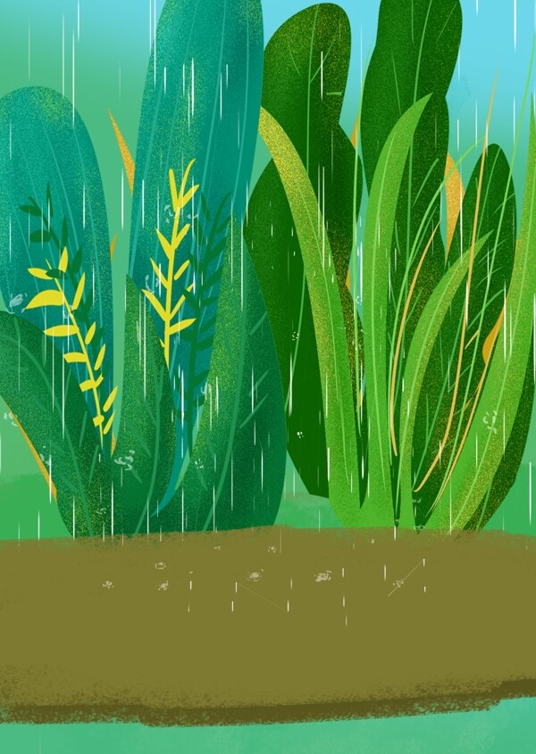 手绘雨天里的绿色植物背景素材
