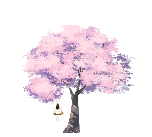 粉色树木荡秋千的女孩