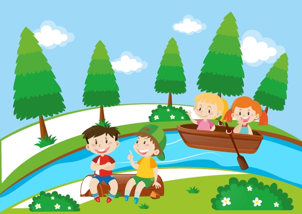 卡通儿童节在河边的孩子