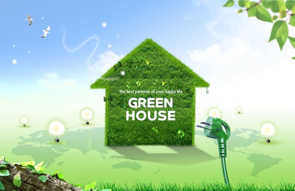 绿色抽象房屋和绿色插头