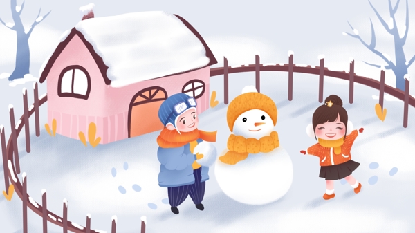 国际儿童日堆雪人男孩女孩插画