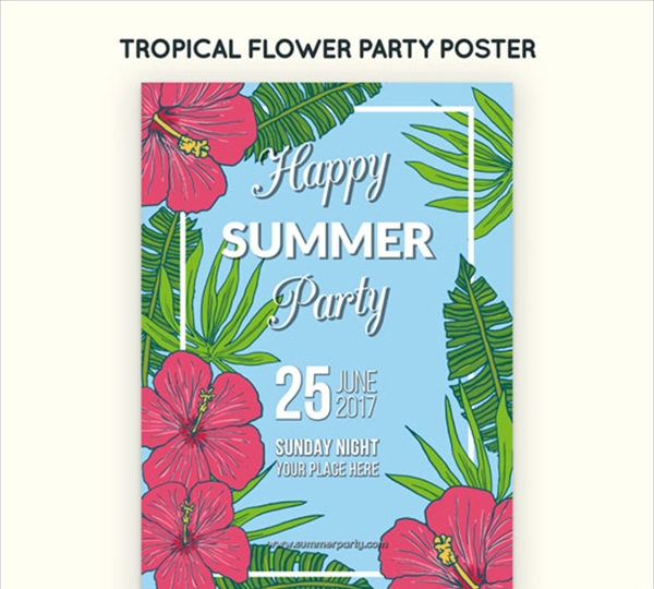 热带花卉的夏日派对海报