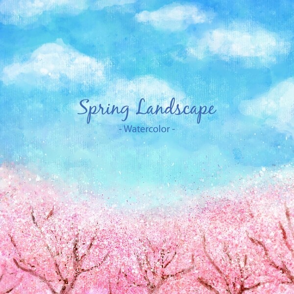 手绘水彩春季樱花树林插图